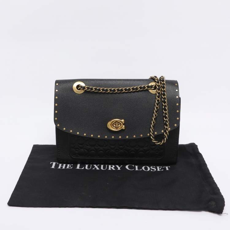 Pre Owned Coach Black Leather and Snakeskin Parker Rivets Shoulder Bag