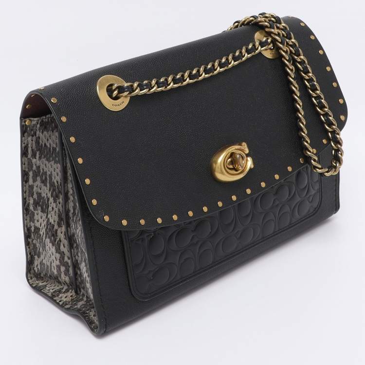 Pre Owned Coach Black Leather and Snakeskin Parker Rivets Shoulder Bag