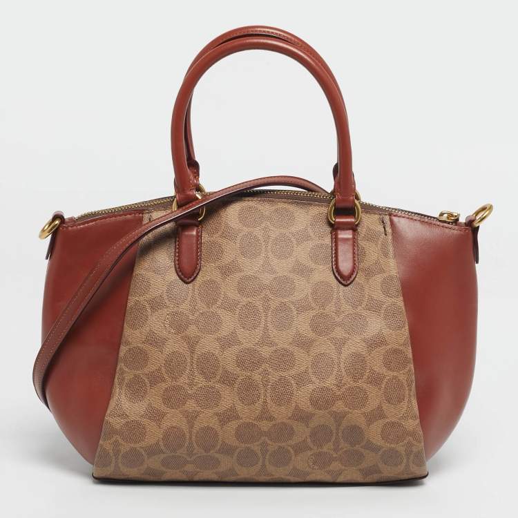 Pre Owned Coach Brown/Beige Signature Coated Canvas and Leather Elise Satchel