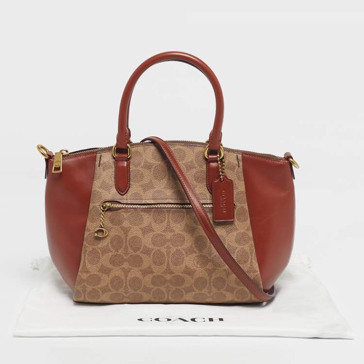 Pre Owned Coach Brown/Beige Signature Coated Canvas and Leather Elise Satchel