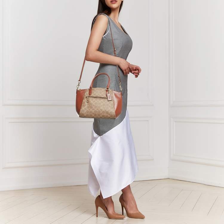 Pre Owned Coach Brown/Beige Signature Coated Canvas and Leather Elise Satchel