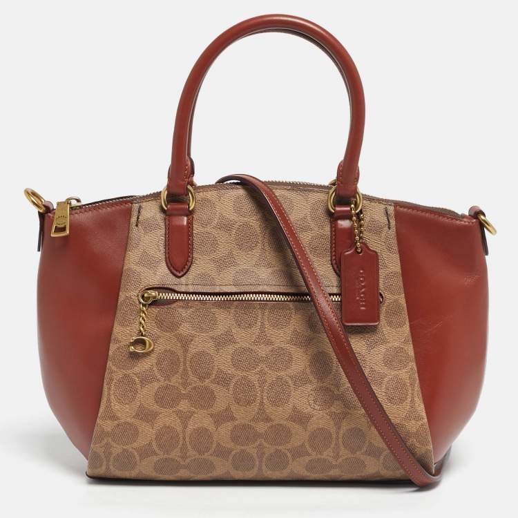 Pre Owned Coach Brown/Beige Signature Coated Canvas and Leather Elise Satchel