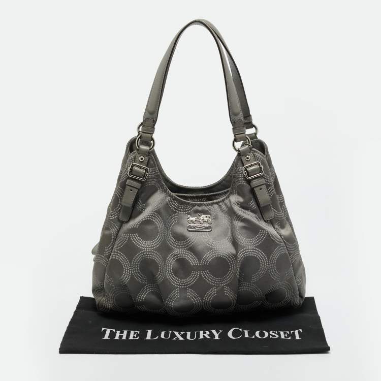 Pre Owned Coach Grey Signature Satin and Leather Madison Maggie Hobo