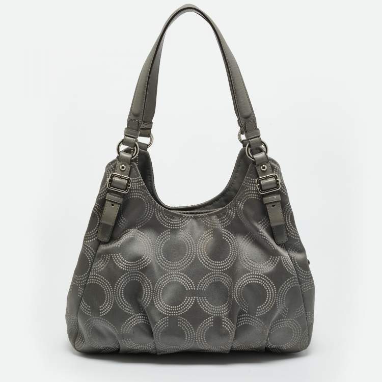 Pre Owned Coach Grey Signature Satin and Leather Madison Maggie Hobo