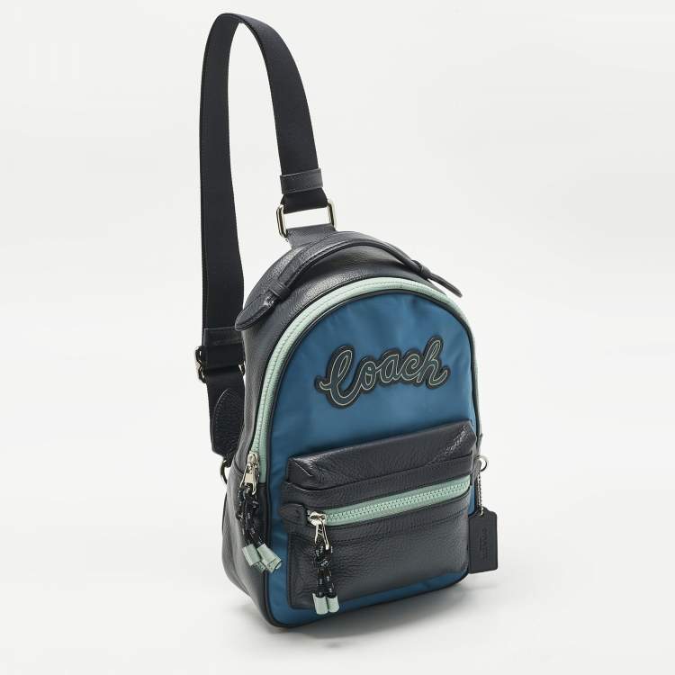 Pre Owned Coach Two Tone Blue Leather and Nylon Vale Sling Backpack