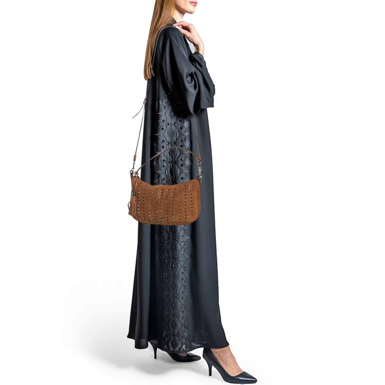 Pre Owned Coach Brown Suede Studded Chelsea Crossbody Bag