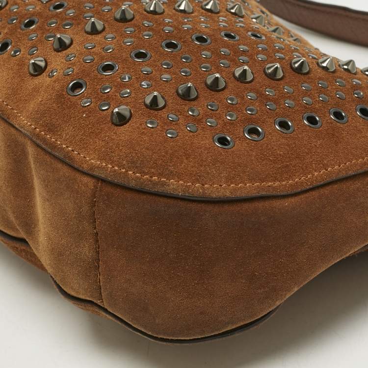 Pre Owned Coach Brown Suede Studded Chelsea Crossbody Bag