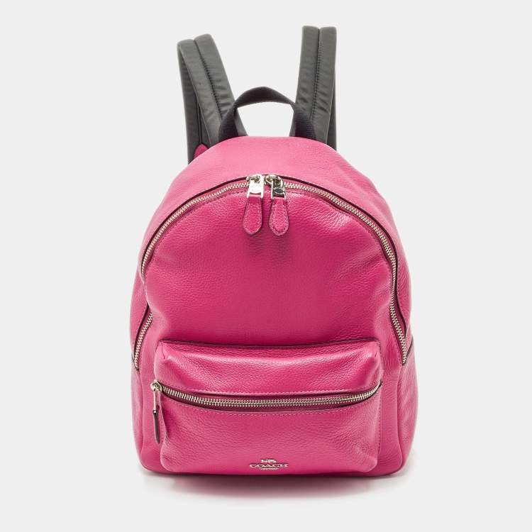 Pre Owned Coach Pink/Black Leather and Nylon Charlie Backpack