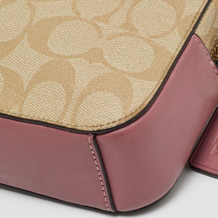 Pre Owned Coach Pink/Beige Signature Coated Canvas and Leather Mini Camera Crossbody Bag
