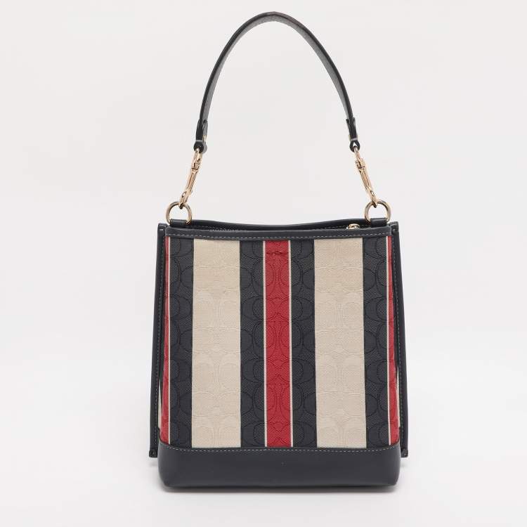 Pre Owned Coach Multicolor Stripe Canvas and Leather Mollie Bucket Bag