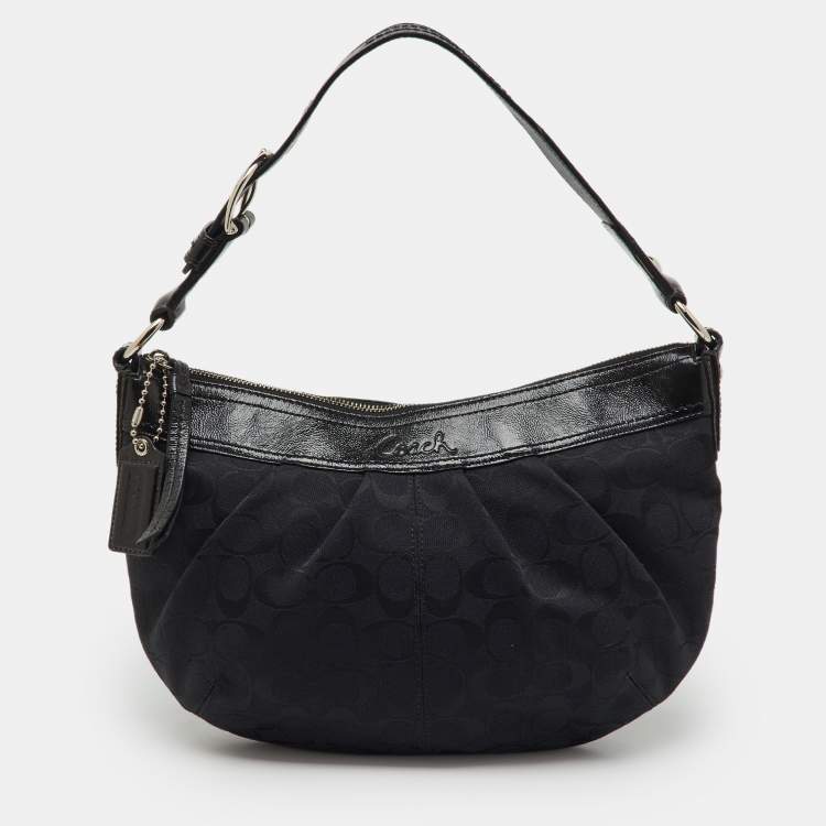Pre Owned Coach Black Signature Canvas and Patent Leather Pleated Hobo