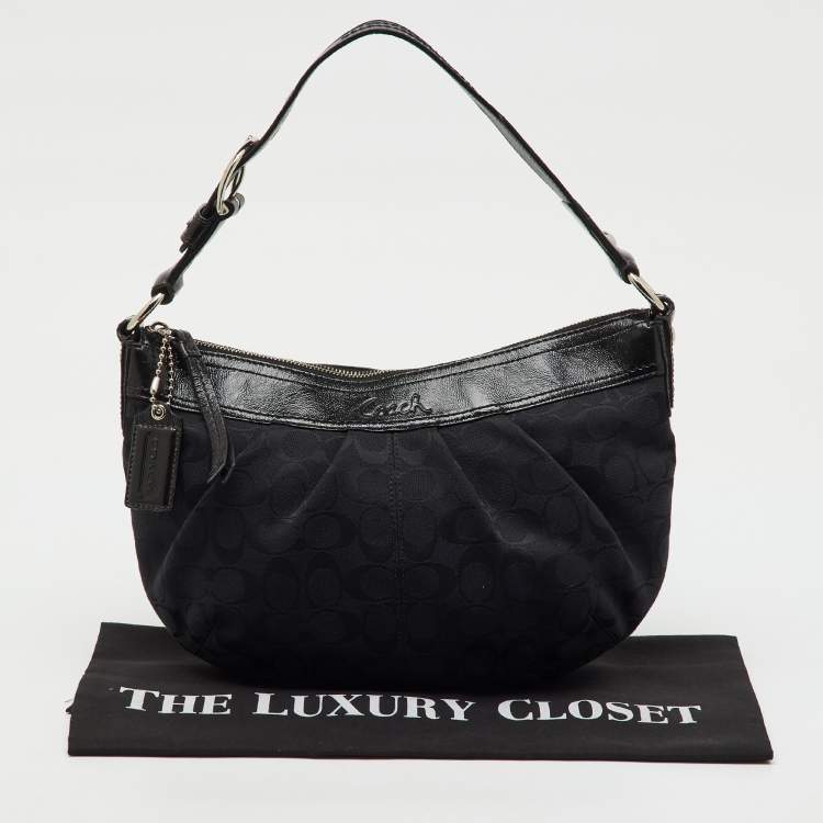 Pre Owned Coach Black Signature Canvas and Patent Leather Pleated Hobo