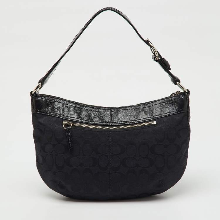 Pre Owned Coach Black Signature Canvas and Patent Leather Pleated Hobo