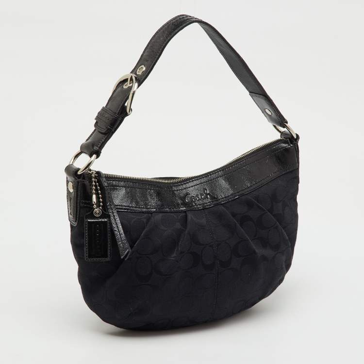 Pre Owned Coach Black Signature Canvas and Patent Leather Pleated Hobo