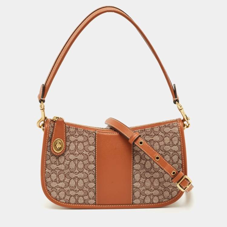 Pre Owned Coach Brown Signature Jacquard Canvas Swinger 23 Shoulder Bag
