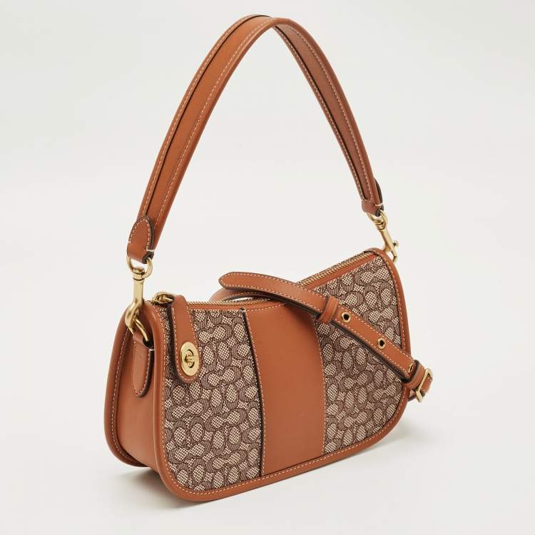 Pre Owned Coach Brown Signature Jacquard Canvas Swinger 23 Shoulder Bag