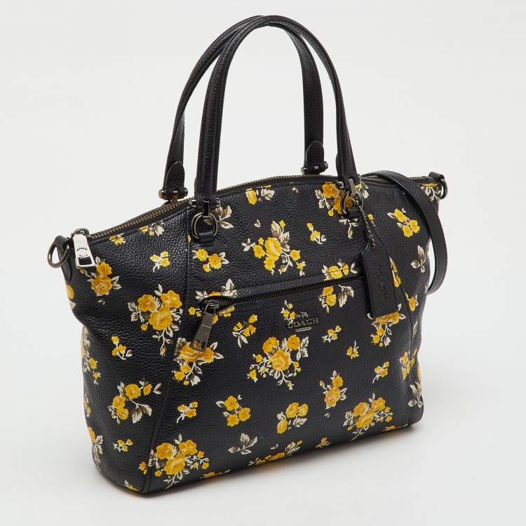 Pre Owned Coach Black Floral Print Leather Prairie Satchel