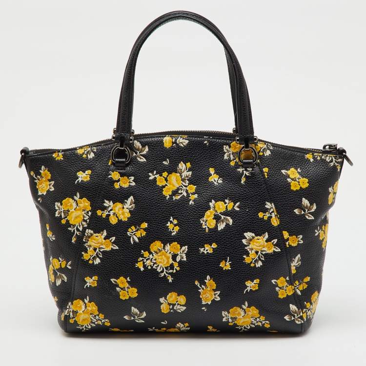 Pre Owned Coach Black Floral Print Leather Prairie Satchel