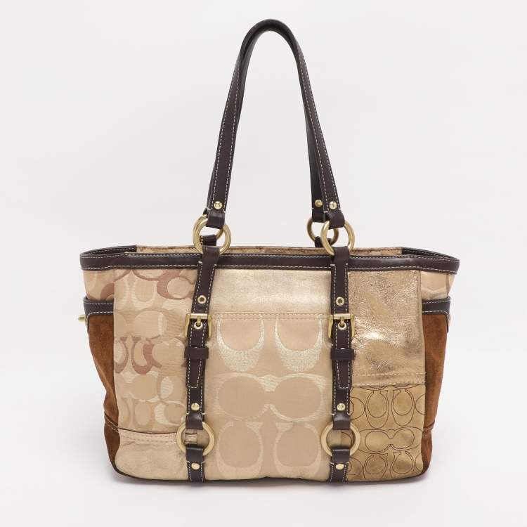 Pre Owned Coach Gold Signature Canvas, Suede and Leather Patchwork Tote