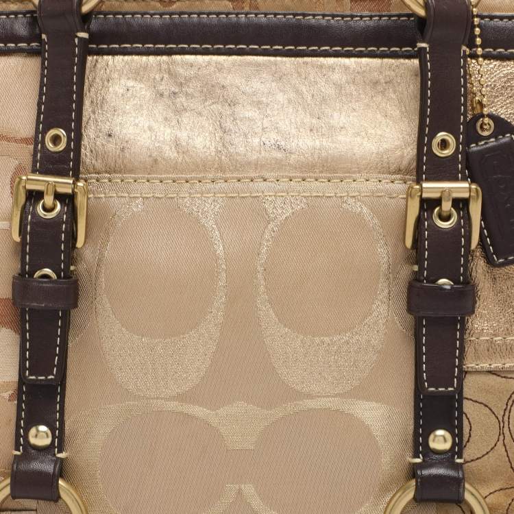 Pre Owned Coach Gold Signature Canvas, Suede and Leather Patchwork Tote