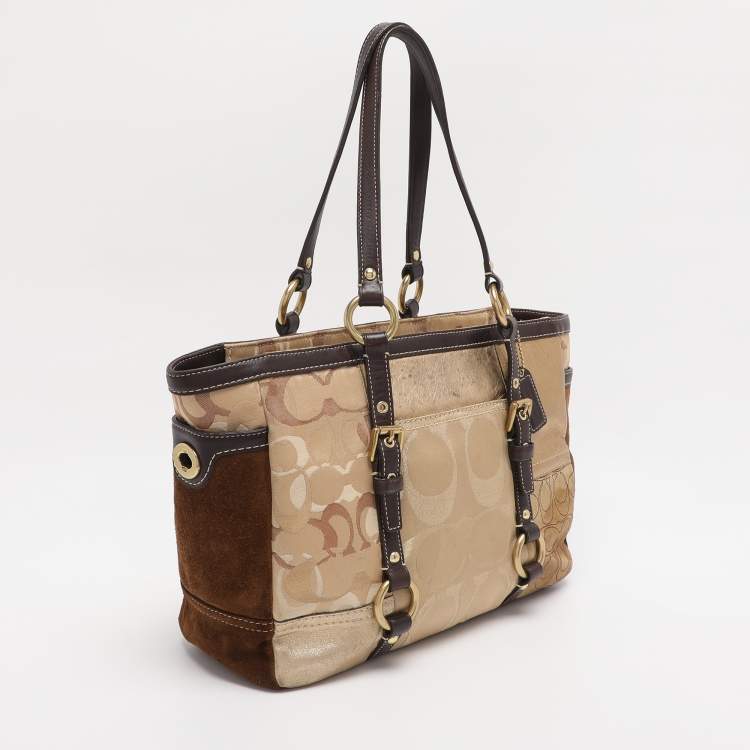 Pre Owned Coach Gold Signature Canvas, Suede and Leather Patchwork Tote