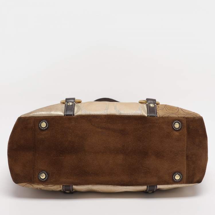 Pre Owned Coach Gold Signature Canvas, Suede and Leather Patchwork Tote