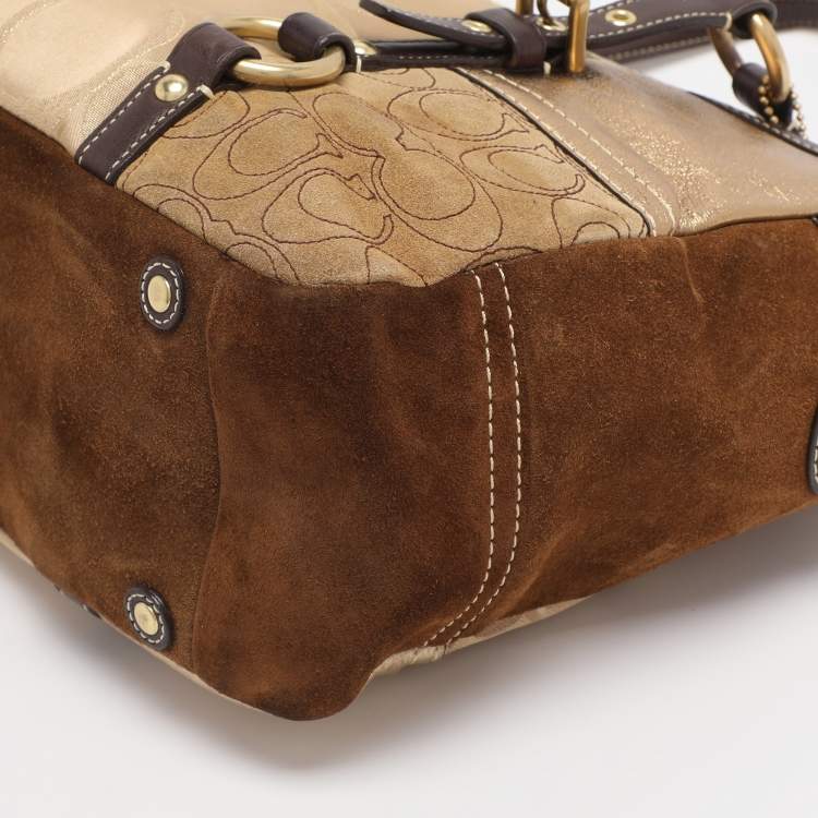 Pre Owned Coach Gold Signature Canvas, Suede and Leather Patchwork Tote