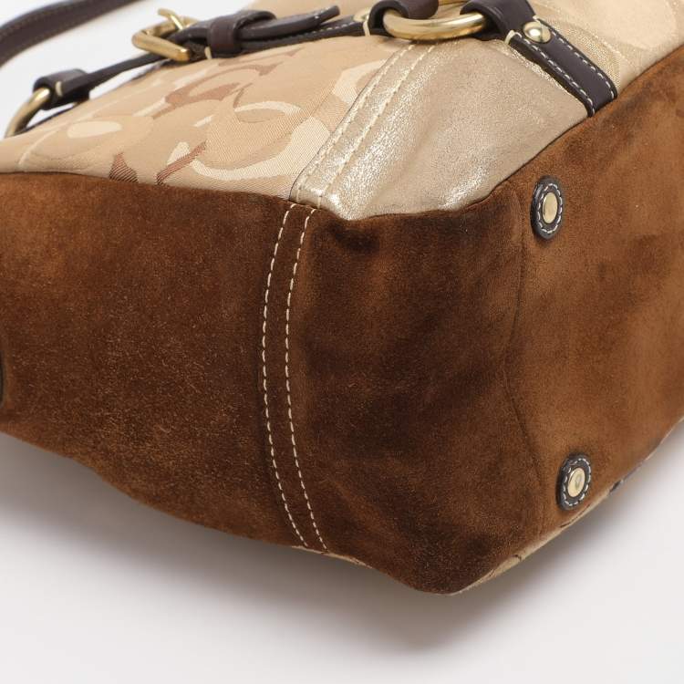 Pre Owned Coach Gold Signature Canvas, Suede and Leather Patchwork Tote