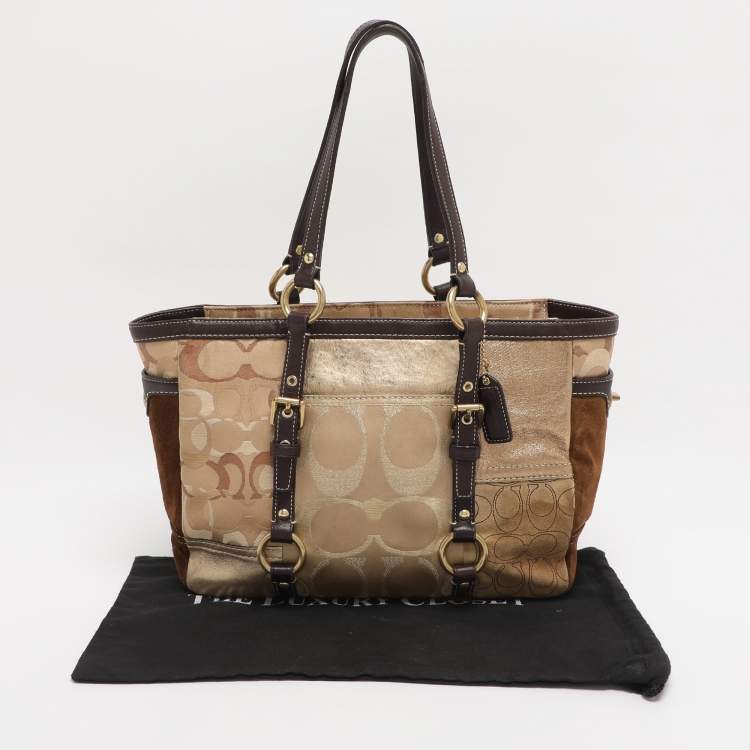 Pre Owned Coach Gold Signature Canvas, Suede and Leather Patchwork Tote