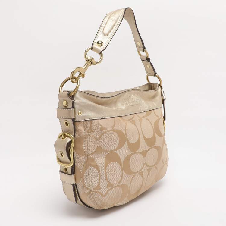 Pre Owned Coach Beige/Gold Canvas and Leather Zoe Hobo