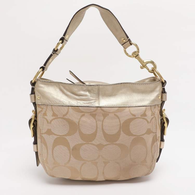 Pre Owned Coach Beige/Gold Canvas and Leather Zoe Hobo