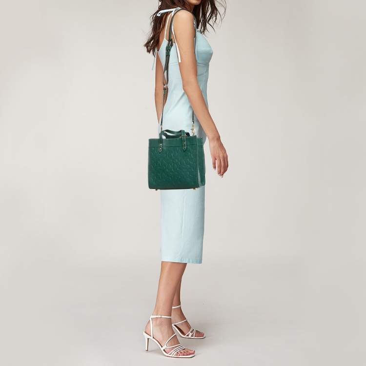 Pre Owned Coach Green Signature Embossed Leather Field Tote