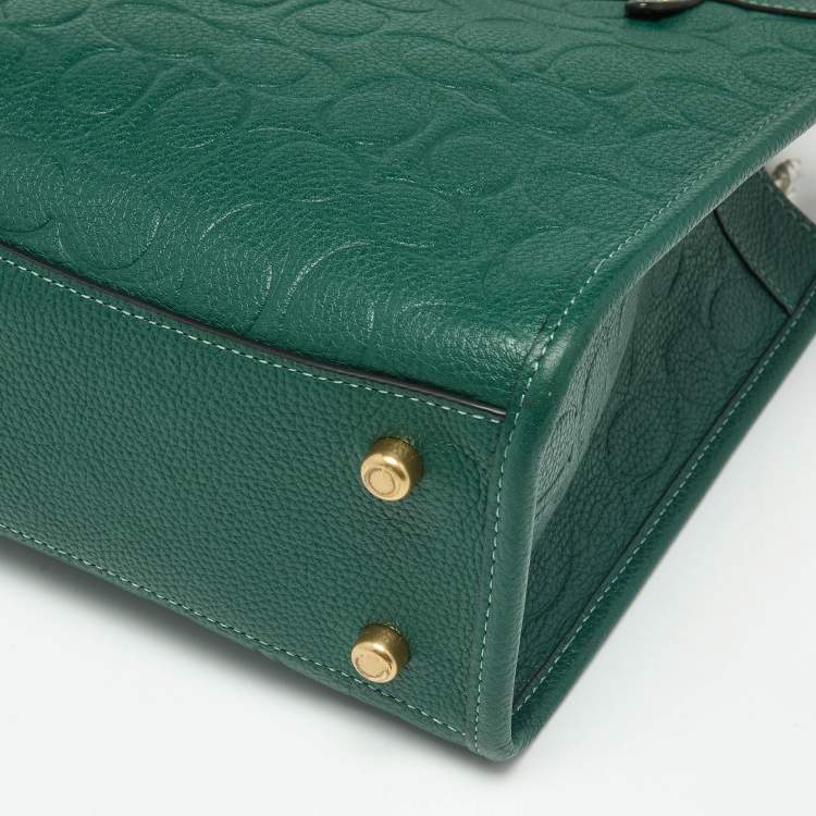 Pre Owned Coach Green Signature Embossed Leather Field Tote