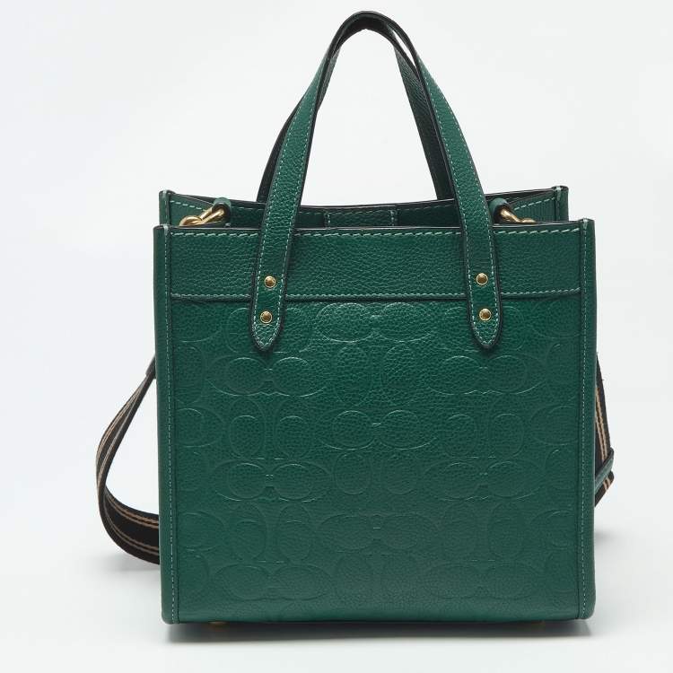 Pre Owned Coach Green Signature Embossed Leather Field Tote