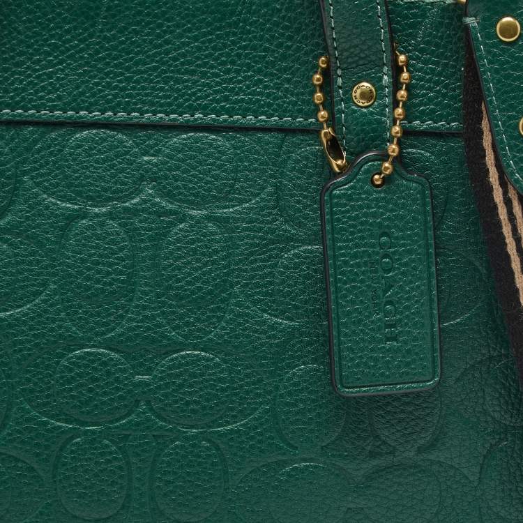Pre Owned Coach Green Signature Embossed Leather Field Tote
