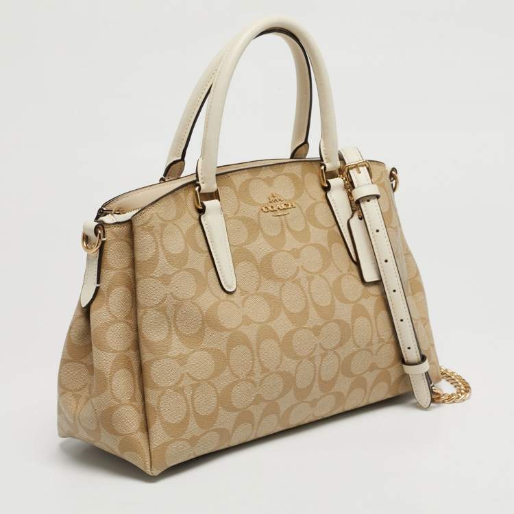 Pre Owned Coach Beige Signature Coated Canvas and Leather Sage Carryall Satchel