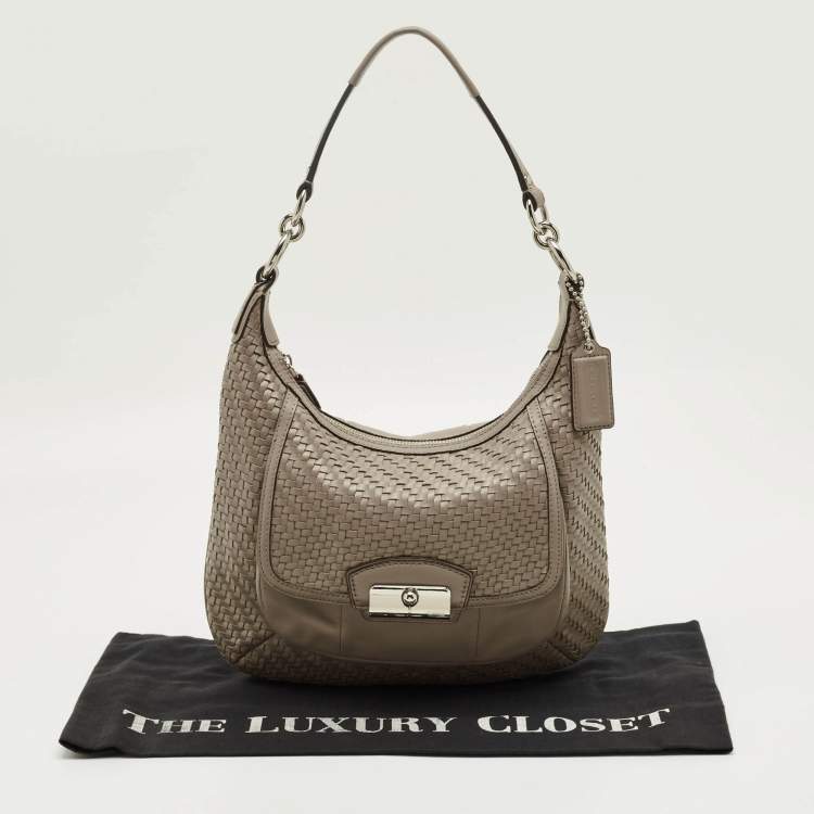 Pre Owned Coach Grey Woven Leather Kristin Hobo