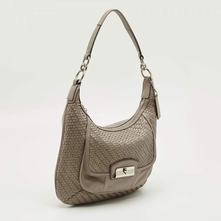 Pre Owned Coach Grey Woven Leather Kristin Hobo