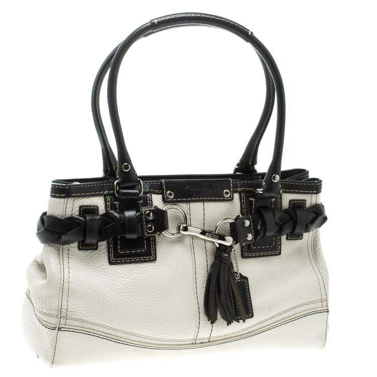 Pre Owned Coach White Leather Hamptons Braided Satchel