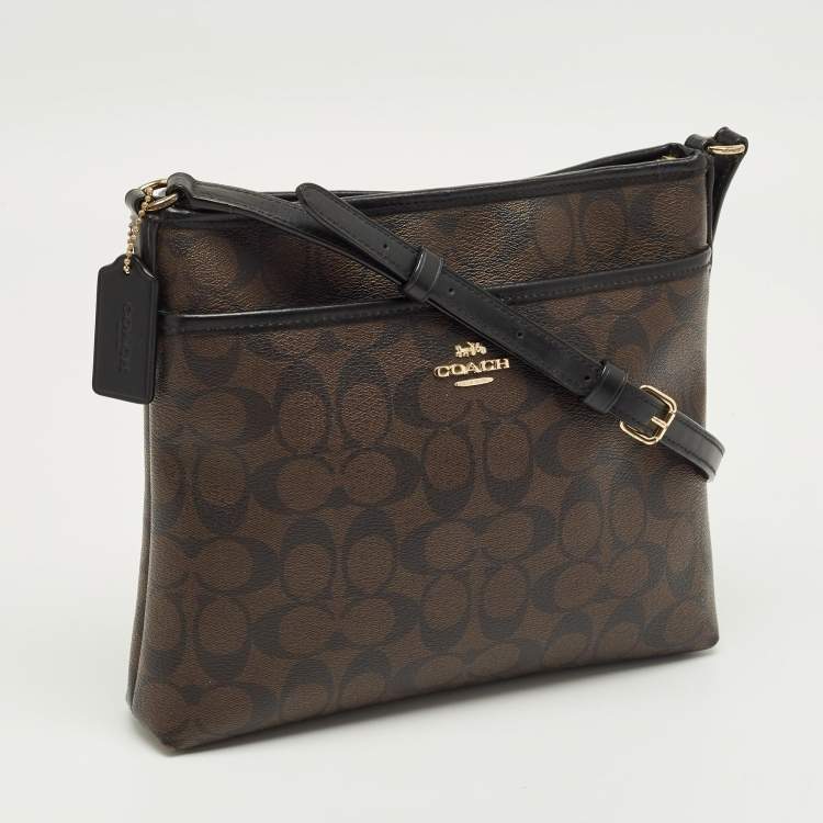Pre Owned Coach Brown/Black Signature Coated Canvas File Crossbody Bag