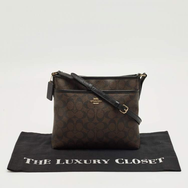 Pre Owned Coach Brown/Black Signature Coated Canvas File Crossbody Bag