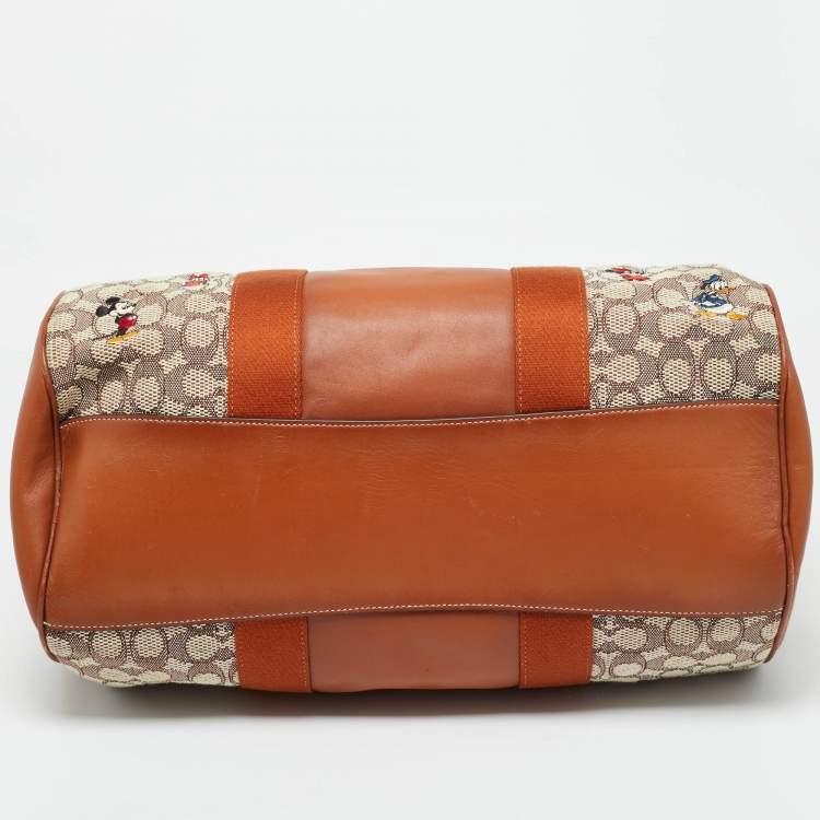 Pre Owned حقيبة دفل كوتش x ديزني جاكار قماش بني/بيج مطرزة بشخصيات ميكي وأصدقائه.