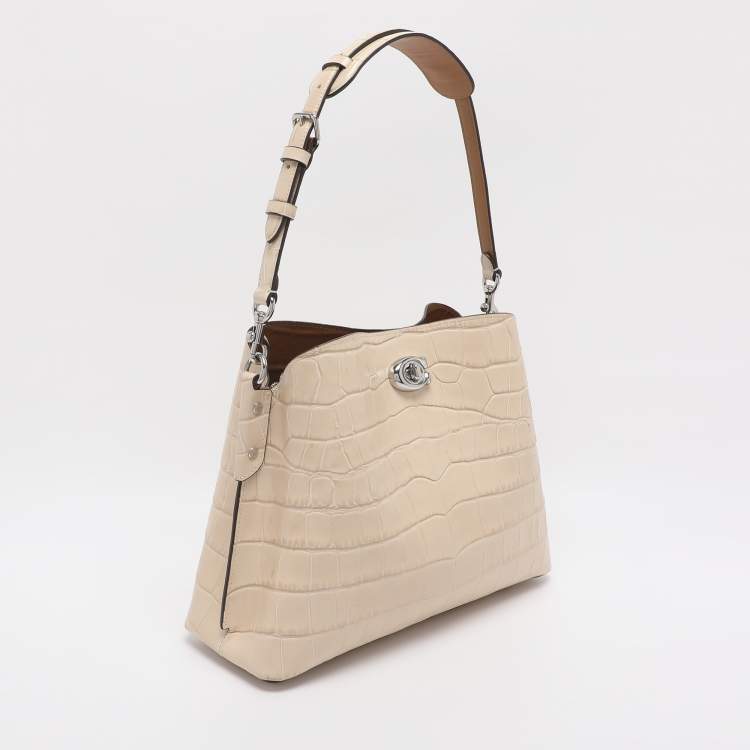 Pre Owned Coach Willow Beige Croc Embossed Leather Bucket bag