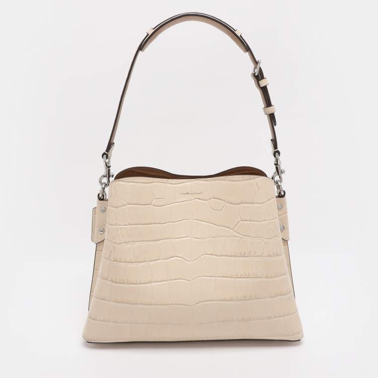 Pre Owned Coach Willow Beige Croc Embossed Leather Bucket bag