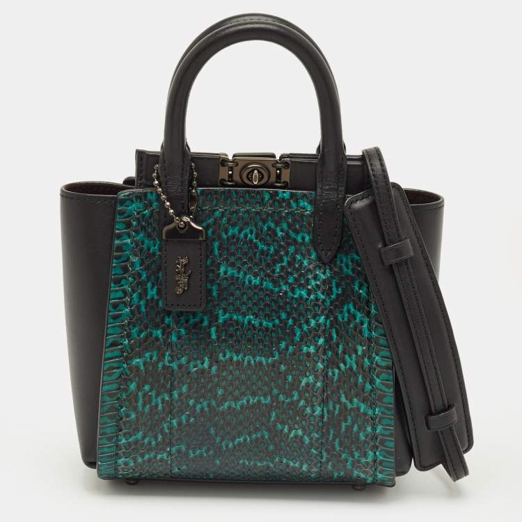 Pre Owned Coach Troupe 16 Black/Green Leather and Snakeskin Tote