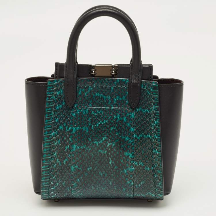 Pre Owned Coach Troupe 16 Black/Green Leather and Snakeskin Tote