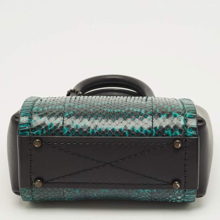 Pre Owned Coach Troupe 16 Black/Green Leather and Snakeskin Tote