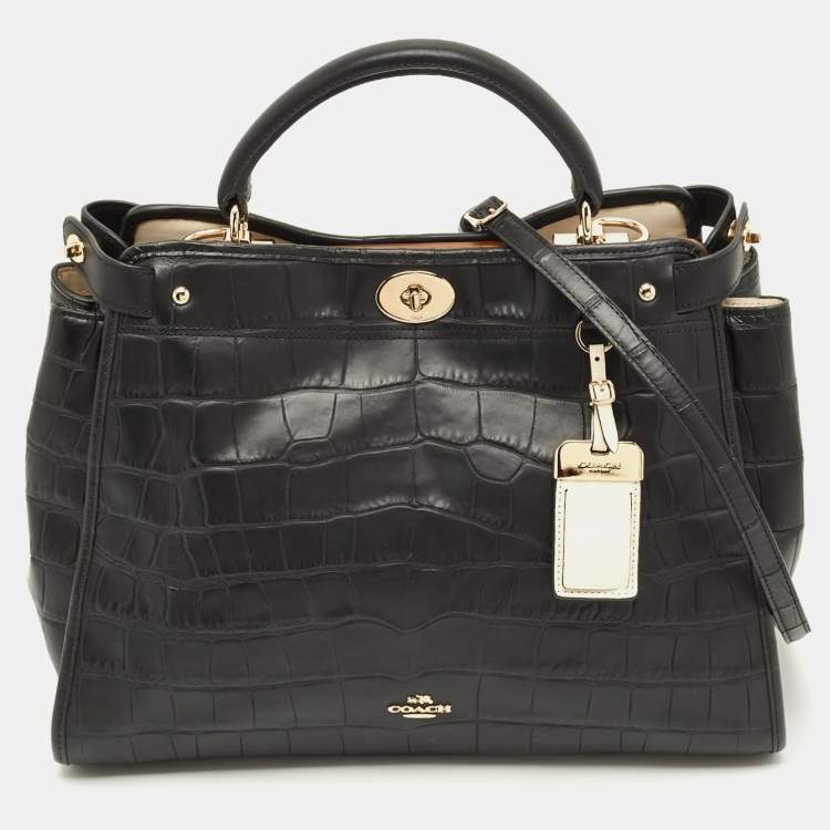Pre Owned Coach Gramercy Black Croc Embossed Leather Top Handle Bag