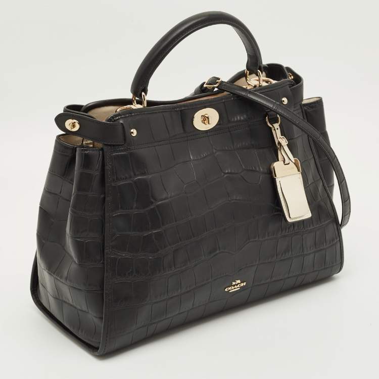 Pre Owned Coach Gramercy Black Croc Embossed Leather Top Handle Bag