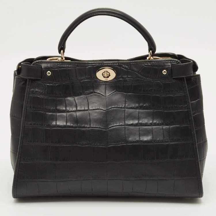 Pre Owned Coach Gramercy Black Croc Embossed Leather Top Handle Bag